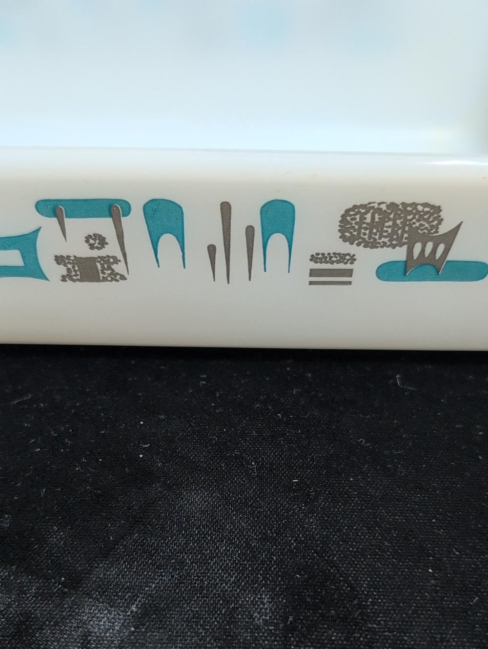 Mid-Century White Milk Glass Loaf Dish with Teal & Gray Atomic Motif - Picture 2 of 4
